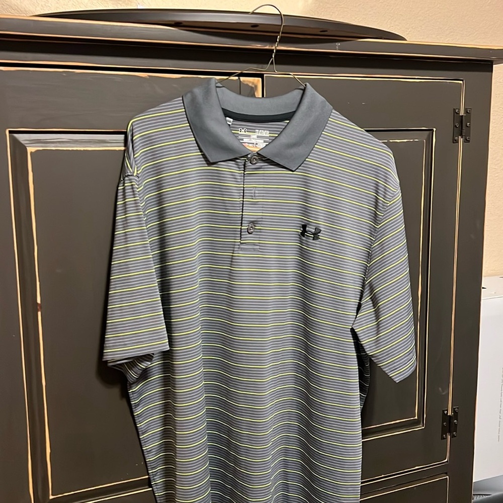 Under Armour, gray with neon stripes, heat gear, loose